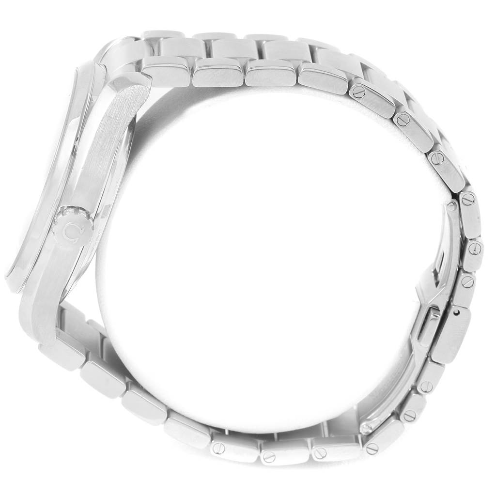 The image shows a side view of the Omega Aqua Terra 231.10.42.21.02.001 Men
s Stainless Steel Silver Dial 231.10.42.21.02.001 Men
s Stainless Steel Silver Dial watch, focusing on the bracelet and case, including the crown and clasp.