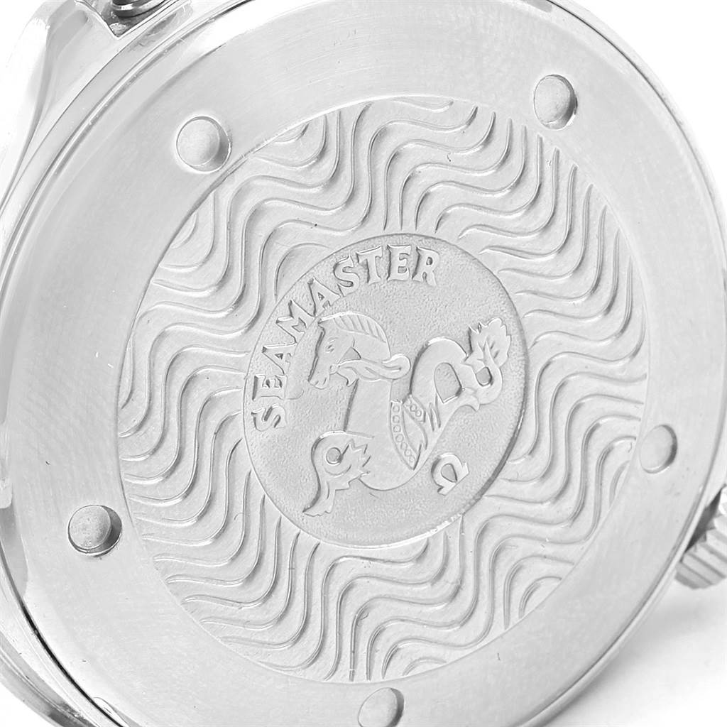 The image shows the etched back case of an Omega Seamaster 2531.80.00 Men
s Stainless Steel Blue Dial 2531.80.00 Men
s Stainless Steel Blue Dial watch with its distinctive logo and wave pattern.