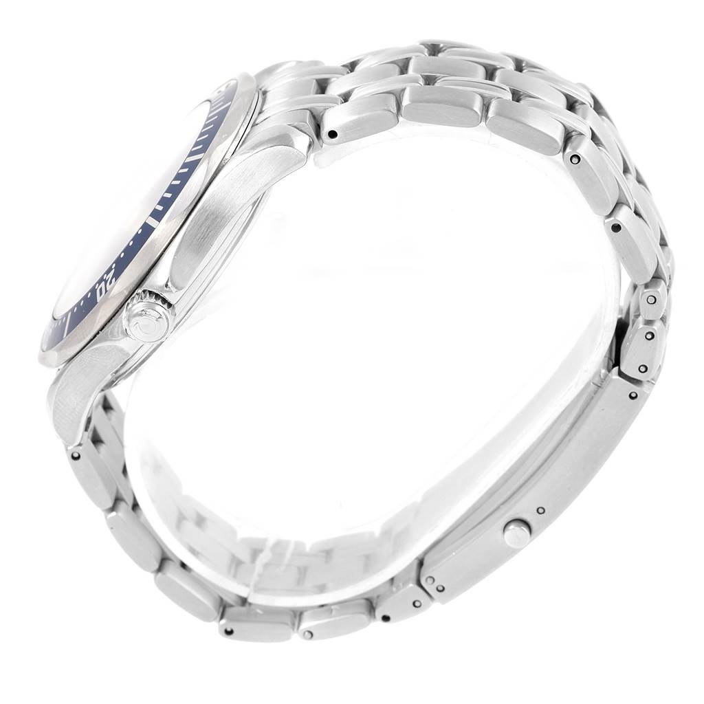 The image shows a side profile of the Omega Seamaster 2531.80.00 Men
s Stainless Steel Blue Dial 2531.80.00 Men
s Stainless Steel Blue Dial watch, highlighting its crown, bezel, and metal bracelet.