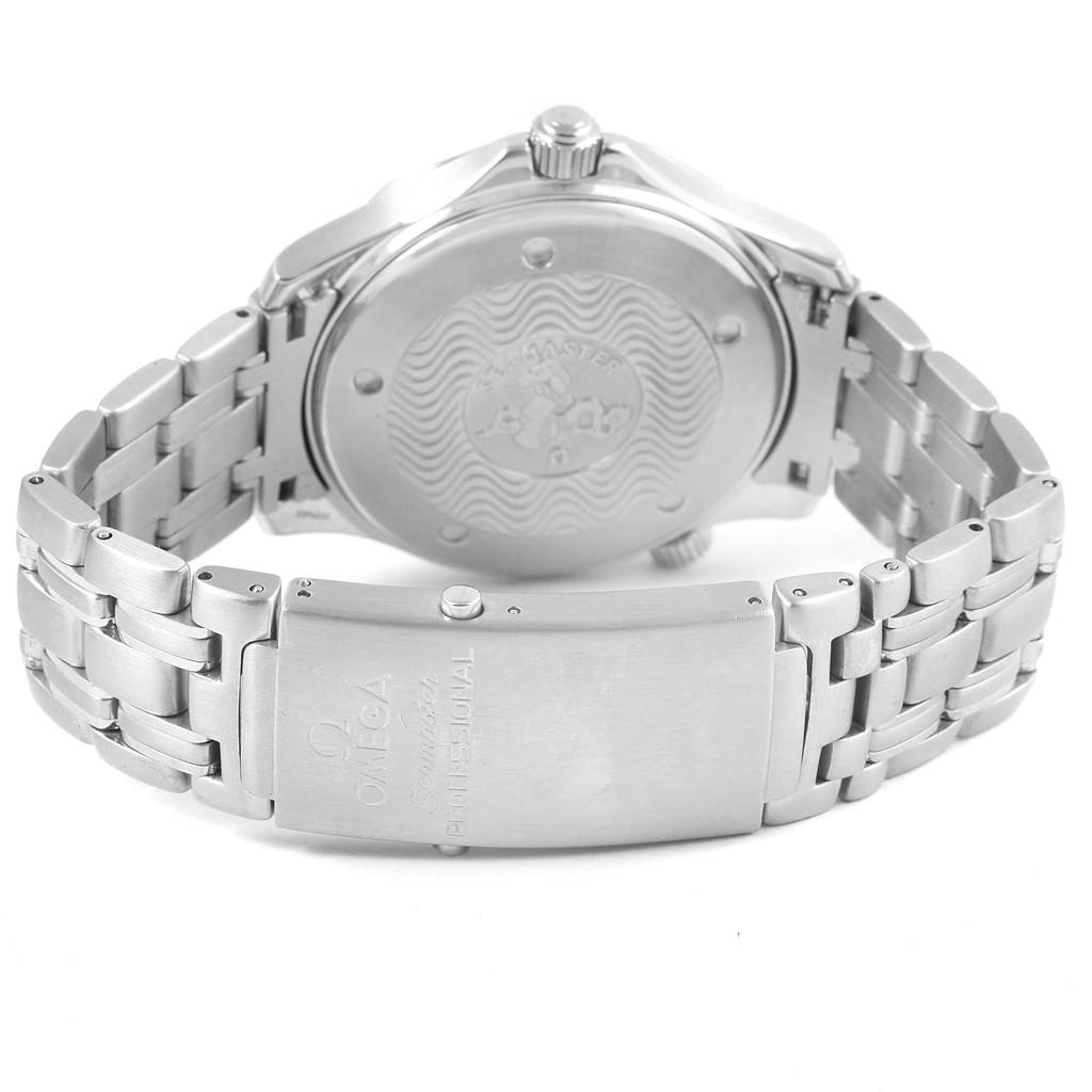 This image shows the back case, crown, and bracelet clasp of an Omega Seamaster 2531.80.00 Men
s Stainless Steel Blue Dial 2531.80.00 Men
s Stainless Steel Blue Dial watch from a rear angle.