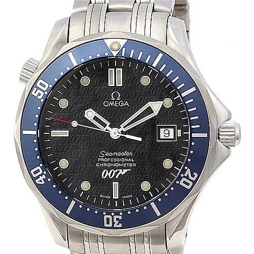 The image shows a frontal view of an Omega Seamaster Men's Stainless Steel Blue Dial Men's Stainless Steel Blue Dial watch, displaying the face, bezel, and part of the stainless steel bracelet.