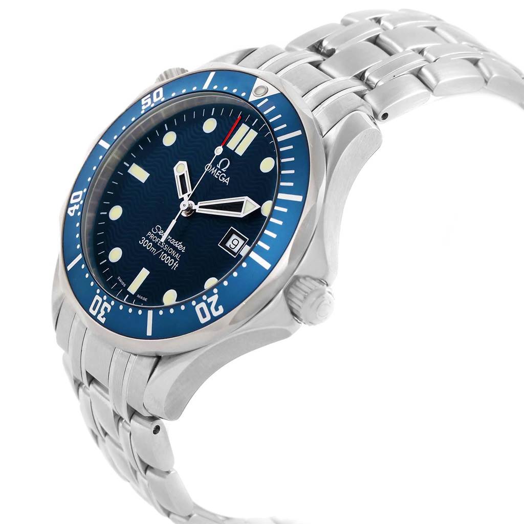 The Omega Seamaster 2541.80.00 Men
s Stainless Steel Blue Dial 2541.80.00 Men
s Stainless Steel Blue Dial watch is shown at a three-quarter angle, displaying the dial, bezel, crown, and bracelet.
