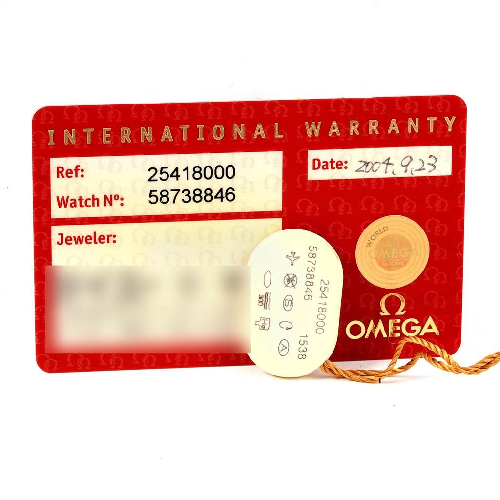 The image shows an Omega Seamaster 2541.80.00 Men
s Stainless Steel Blue Dial 2541.80.00 Men
s Stainless Steel Blue Dial International Warranty card with the model and serial numbers, date of purchase, and jeweler information.