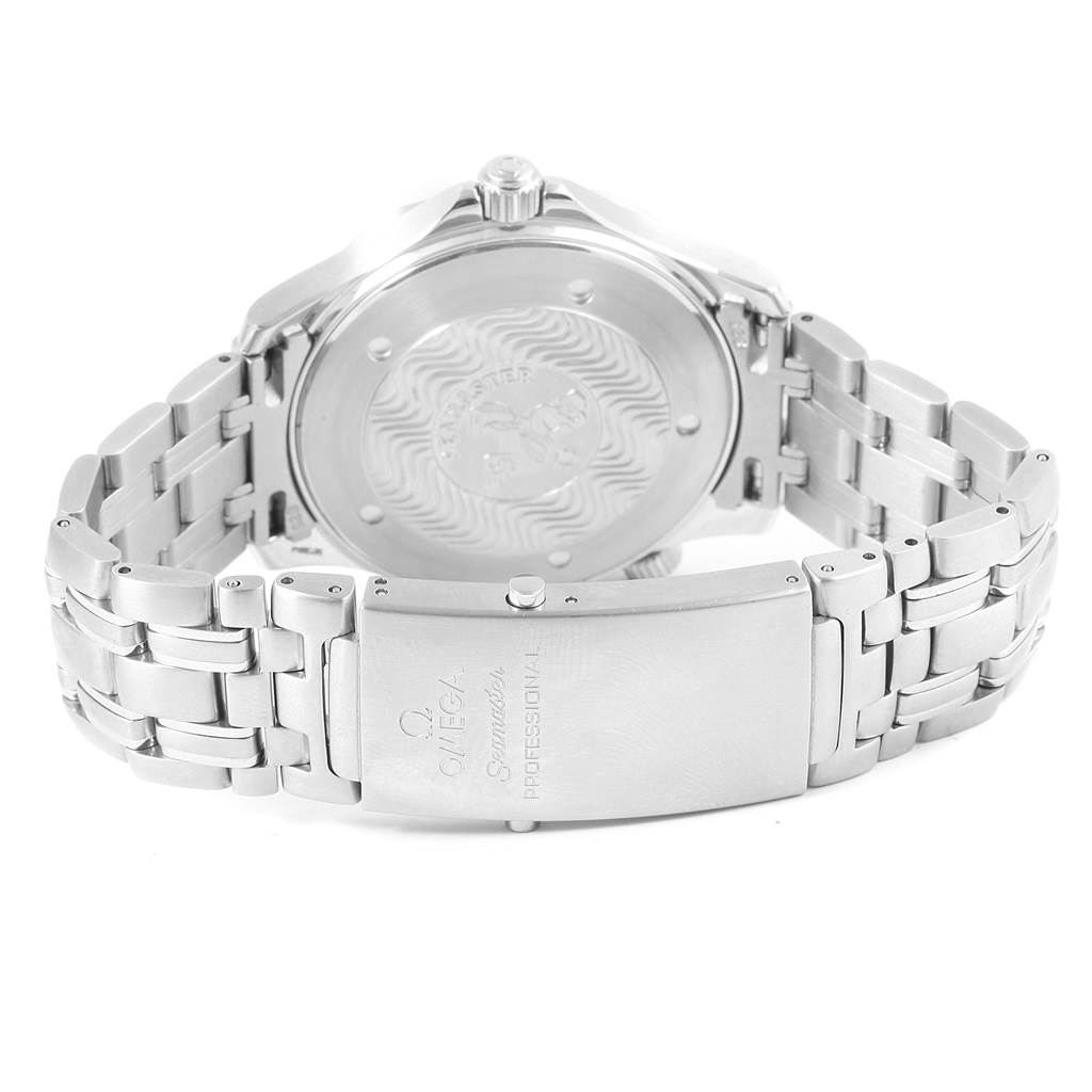 The image shows the back case and clasp of the Omega Seamaster 2541.80.00 Men
s Stainless Steel Blue Dial 2541.80.00 Men
s Stainless Steel Blue Dial watch from a rear angle.