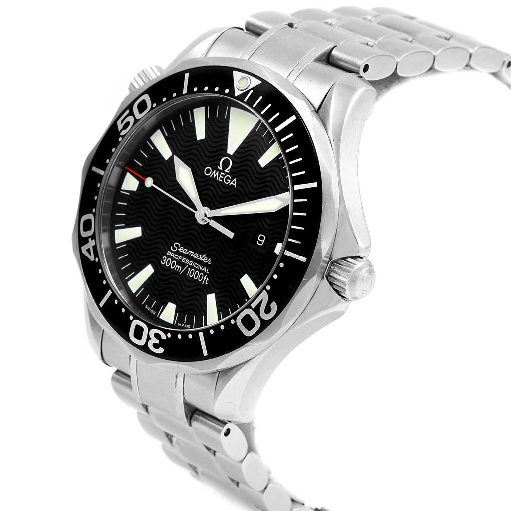 The Omega Seamaster 2264.50.00 Men
s Stainless Steel Black Dial 2264.50.00 Men
s Stainless Steel Black Dial watch is shown at a slight angle, highlighting the face, bezel, and part of the metal bracelet.