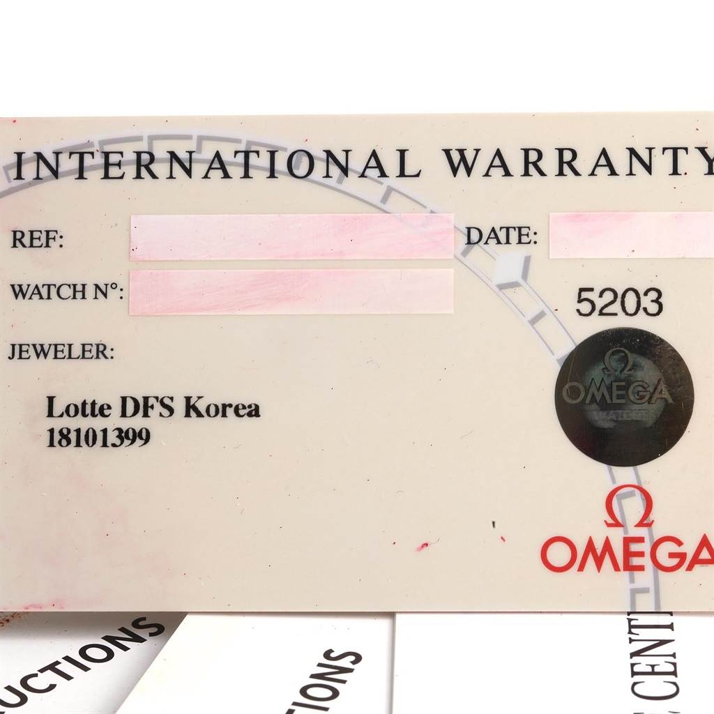 The image shows the international warranty card for an Omega Seamaster 2264.50.00 Men
s Stainless Steel Black Dial 2264.50.00 Men
s Stainless Steel Black Dial watch, including reference, date, and jeweler information.
