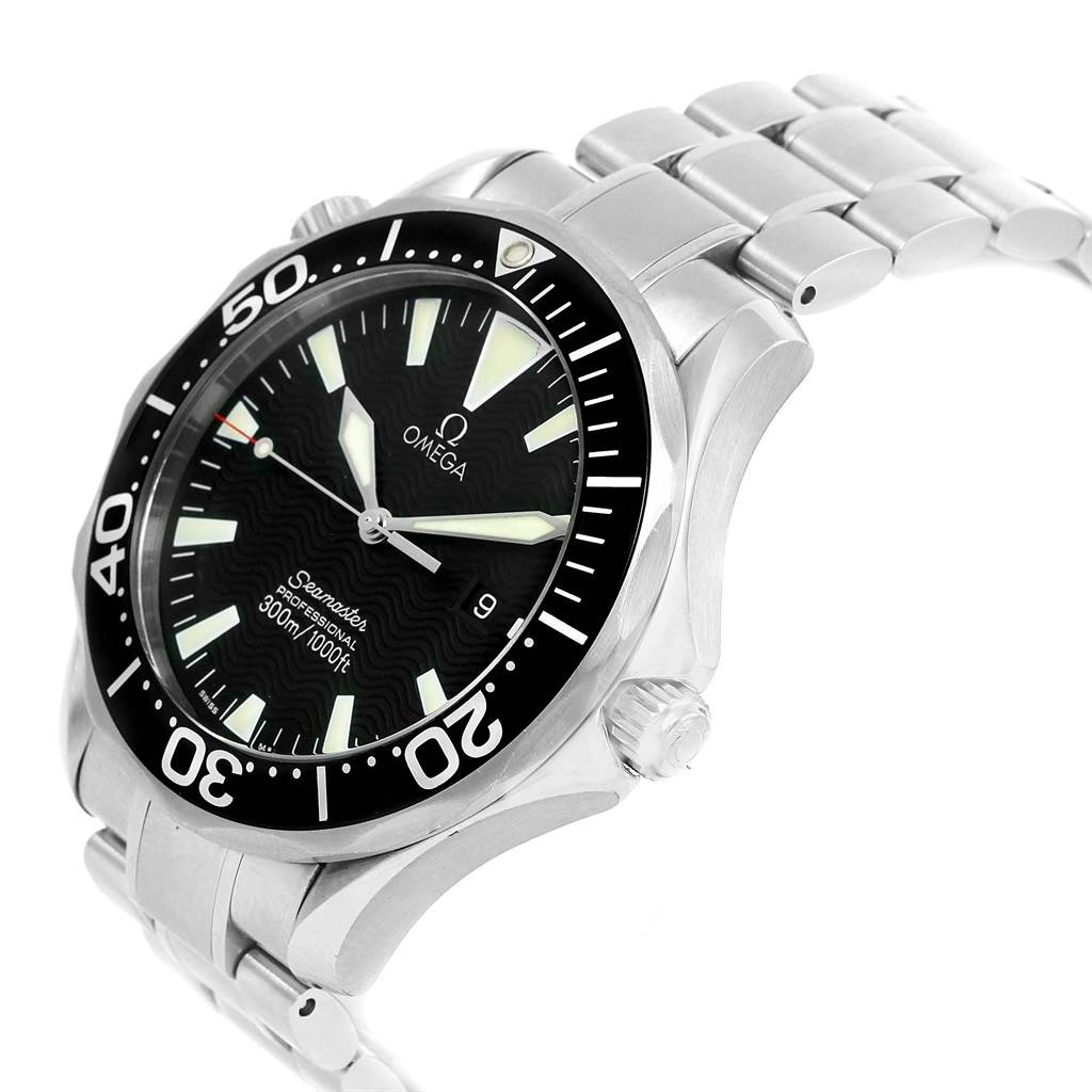 The image shows a side angle of the Omega Seamaster 2264.50.00 Men
s Stainless Steel Black Dial 2264.50.00 Men
s Stainless Steel Black Dial watch displaying the bezel, dial, and part of the stainless steel bracelet.