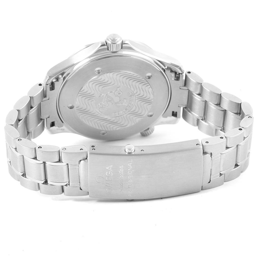 The image shows the back case and clasp of an Omega Seamaster 2264.50.00 Men
s Stainless Steel Black Dial 2264.50.00 Men
s Stainless Steel Black Dial watch viewed from the underside.