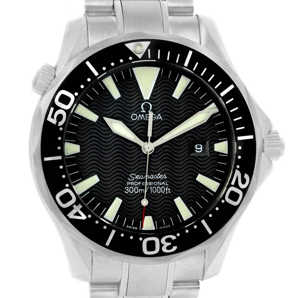 This image shows a front view of the Omega Seamaster 2264.50.00 Men
s Stainless Steel Black Dial 2264.50.00 Men
s Stainless Steel Black Dial watch, featuring the dial, bezel, and part of the stainless steel band.