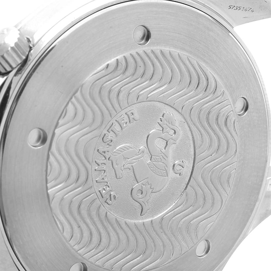 The image shows the case back of an Omega Seamaster 2264.50.00 Men
s Stainless Steel Black Dial 2264.50.00 Men
s Stainless Steel Black Dial watch with engravings and logo.