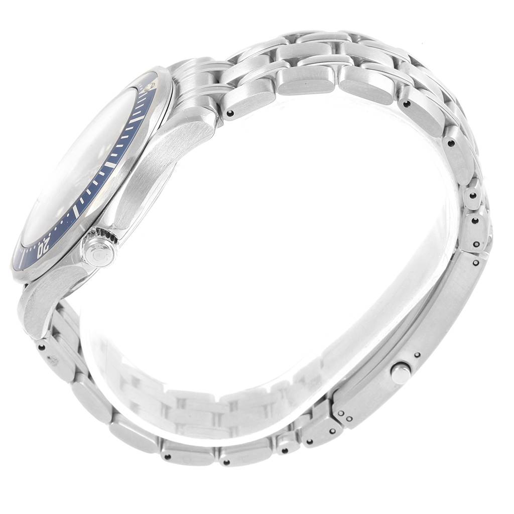 The Omega Seamaster 2541.80.00 Men
s Stainless Steel Blue Dial 2541.80.00 Men
s Stainless Steel Blue Dial watch is shown from a side angle, highlighting its bezel, crown, and metal bracelet.