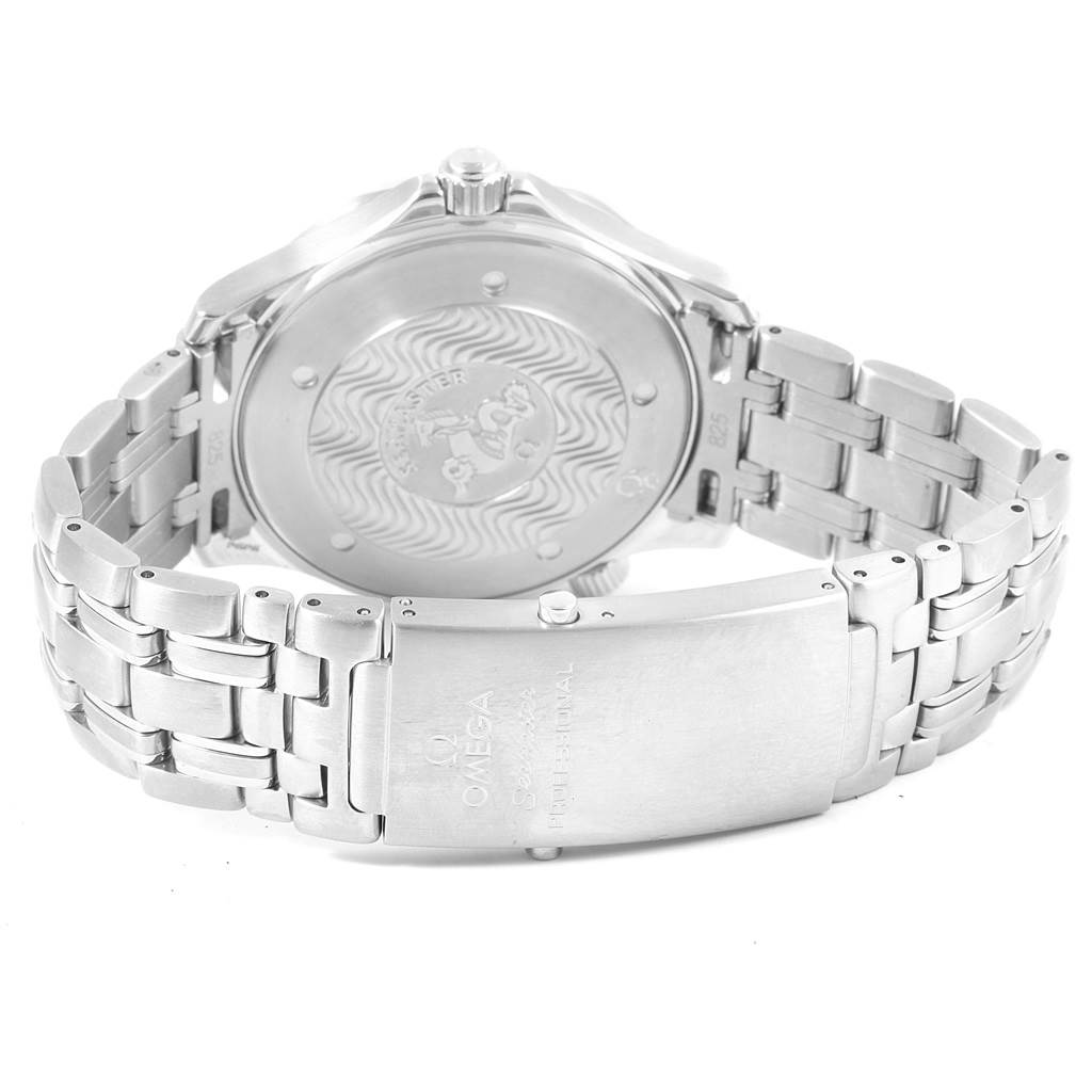 The image shows the back and bracelet clasp of an Omega Seamaster 2541.80.00 Men
s Stainless Steel Blue Dial 2541.80.00 Men
s Stainless Steel Blue Dial watch, highlighting the engraved case back and metal link bracelet.