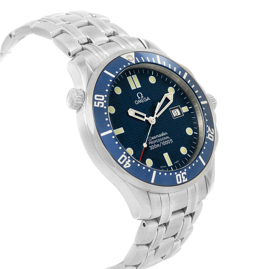 The Omega Seamaster 2541.80.00 Men
s Stainless Steel Blue Dial 2541.80.00 Men
s Stainless Steel Blue Dial watch is shown at an angled view, displaying its face, bezel, and stainless steel bracelet.