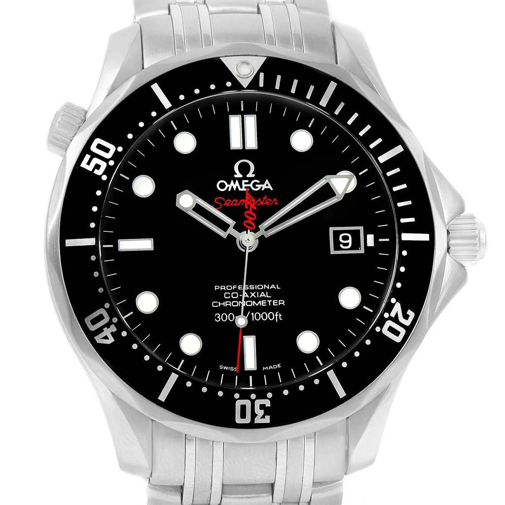 This image shows a frontal view of the Omega Seamaster 212.30.41.20.01.001 Men
s Stainless Steel Black Dial 212.30.41.20.01.001 Men
s Stainless Steel Black Dial watch, highlighting the face, bezel, and part of the bracelet.