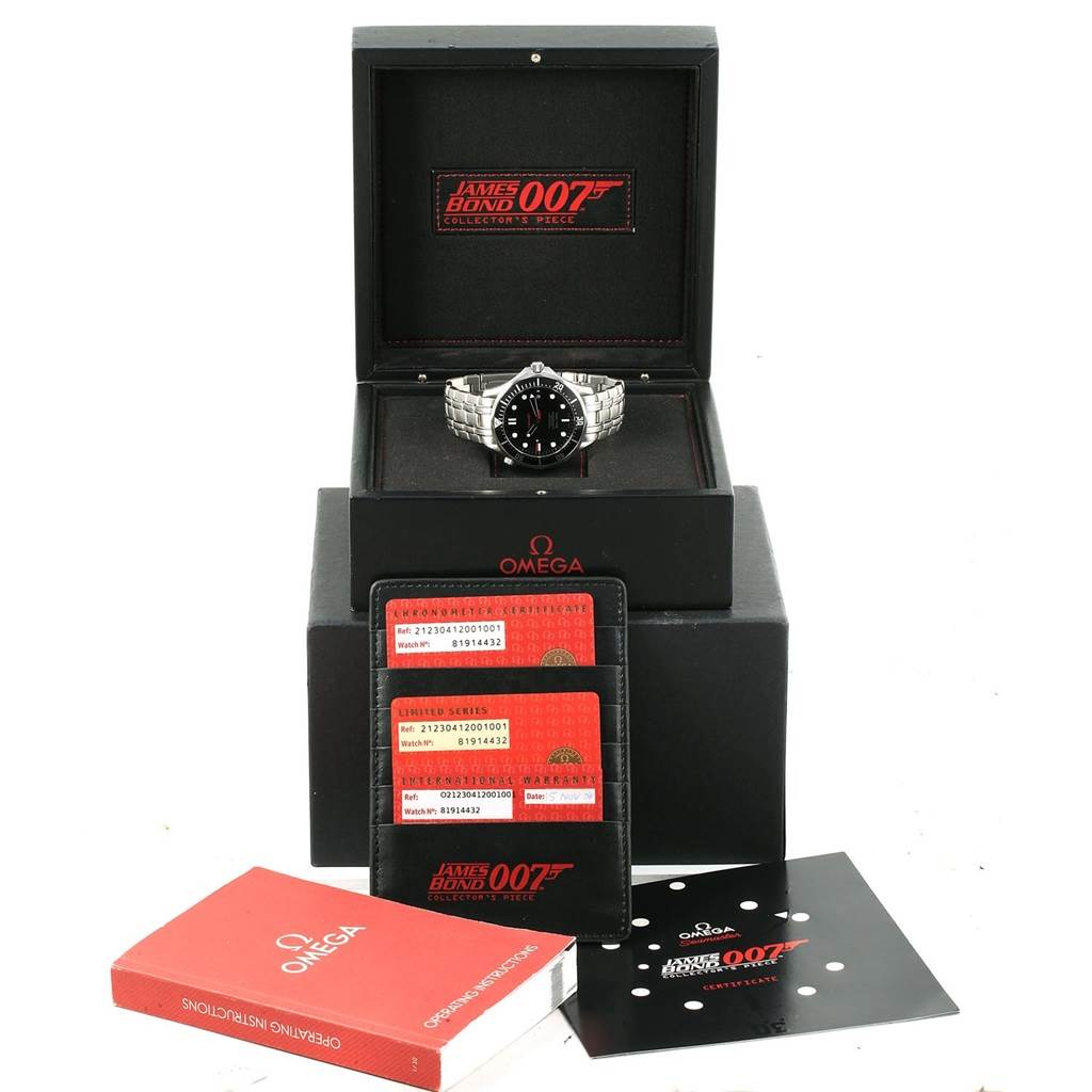 The image shows the Omega Seamaster 212.30.41.20.01.001 Men
s Stainless Steel Black Dial 212.30.41.20.01.001 Men
s Stainless Steel Black Dial watch from the front, along with its display box, warranty cards, manual, and James Bond-themed packaging.