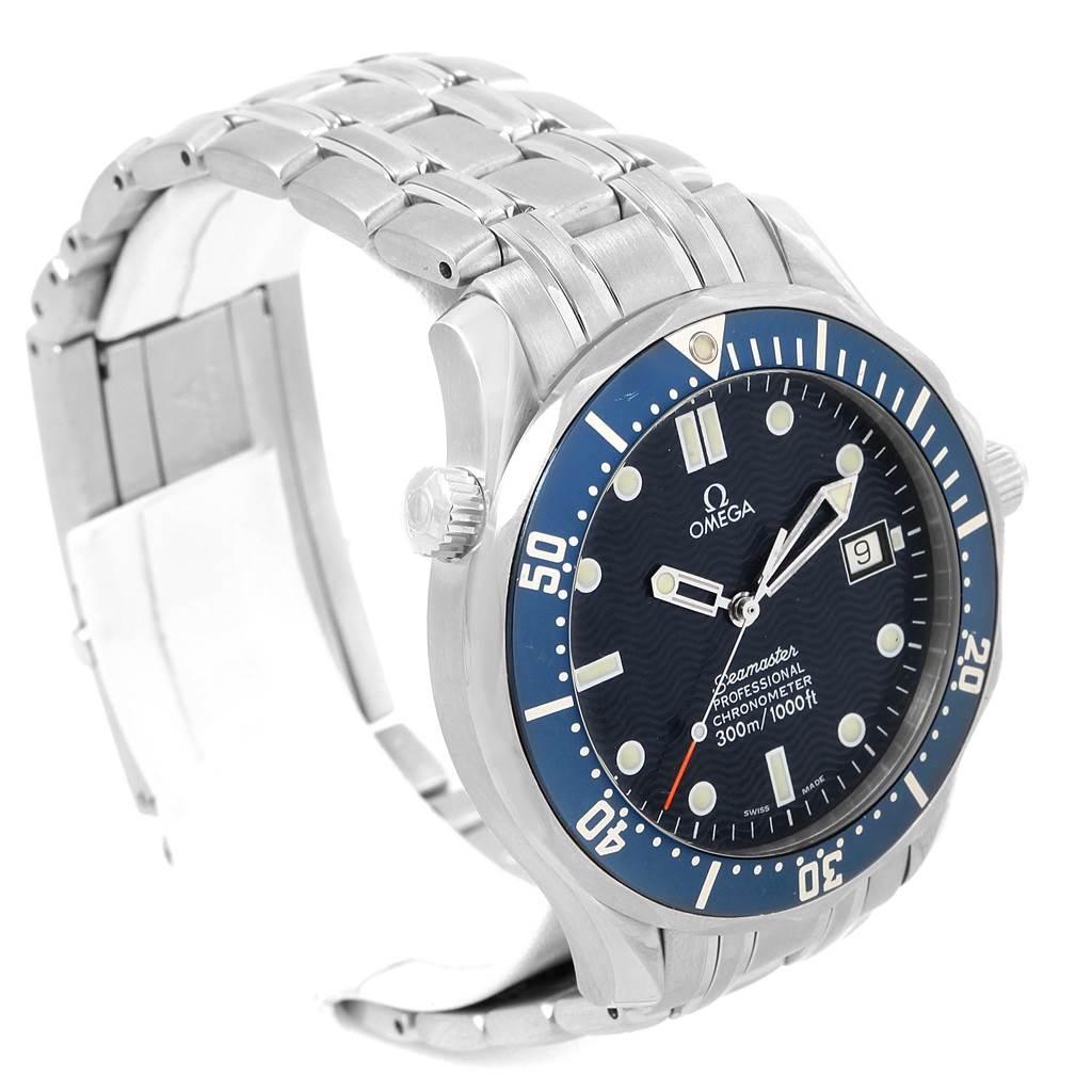 The Omega Seamaster 2531.80.00 Men
s Stainless Steel Blue Dial 2531.80.00 Men
s Stainless Steel Blue Dial watch is shown at an oblique angle, highlighting its face, bezel, and metal band.