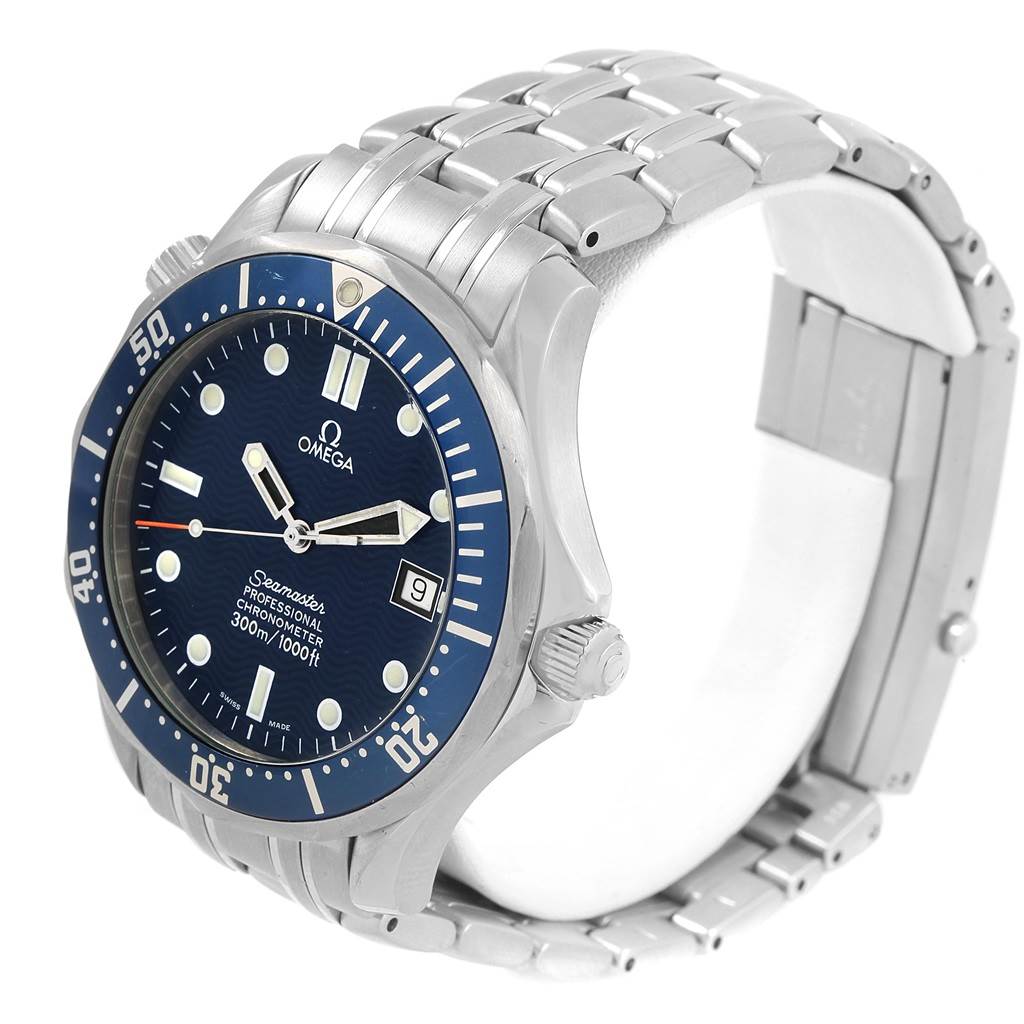 The Omega Seamaster 2531.80.00 Men
s Stainless Steel Blue Dial 2531.80.00 Men
s Stainless Steel Blue Dial watch is shown at a 3/4 angle, displaying the dial, bezel, crown, and part of the bracelet.