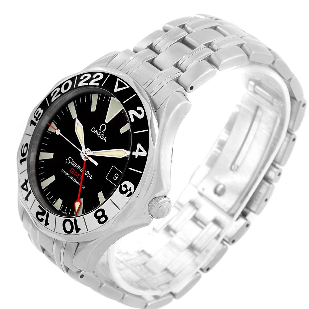 This image shows an Omega Seamaster 2534.50.00 Men
s Stainless Steel Black Dial 2534.50.00 Men
s Stainless Steel Black Dial watch at a 3/4 angle, displaying the face, bezel, and part of the metal bracelet.