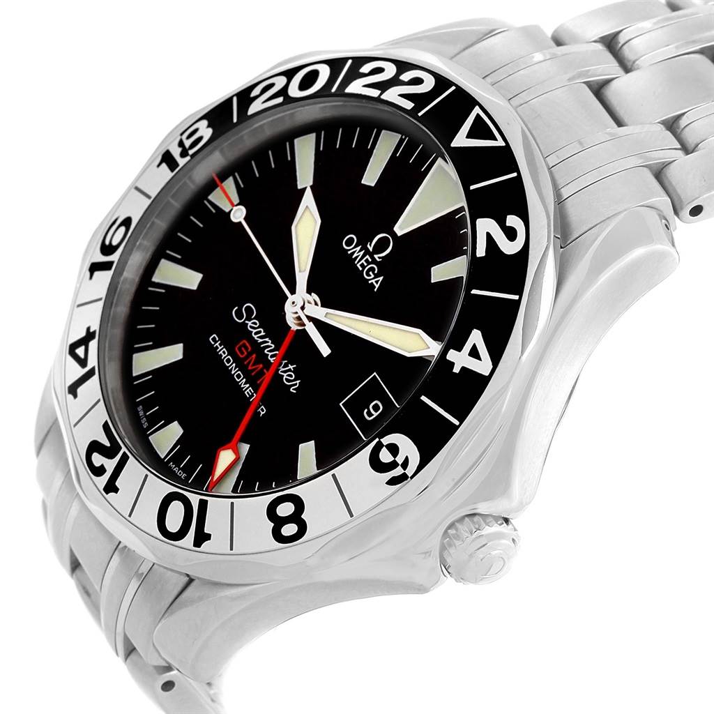 The Omega Seamaster 2534.50.00 Men
s Stainless Steel Black Dial 2534.50.00 Men
s Stainless Steel Black Dial watch is shown from a three-quarter angle, highlighting its dial, bezel, and part of the bracelet.