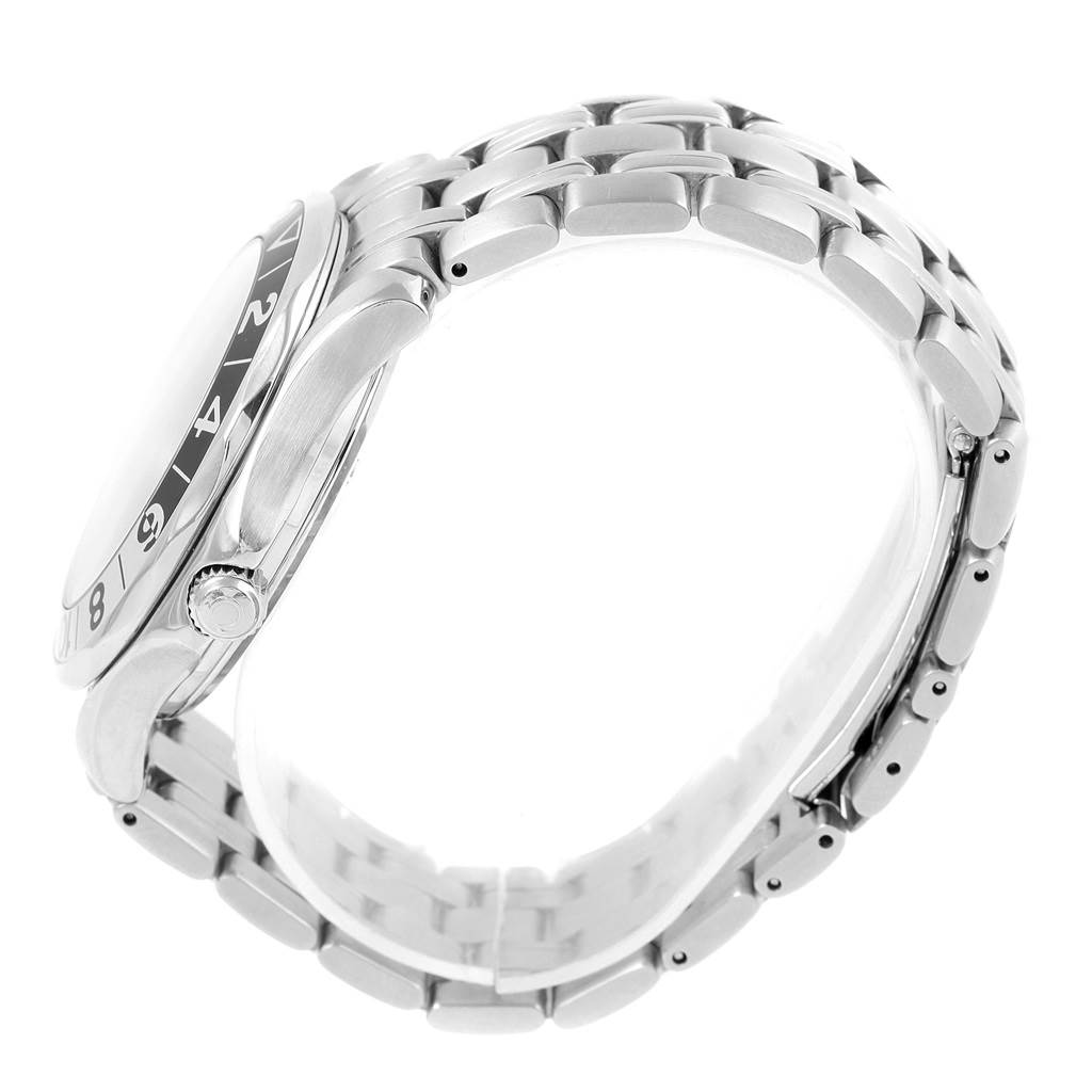 The image shows a side view of the Omega Seamaster 2534.50.00 Men
s Stainless Steel Black Dial 2534.50.00 Men
s Stainless Steel Black Dial watch, highlighting its case, crown, and metal bracelet.