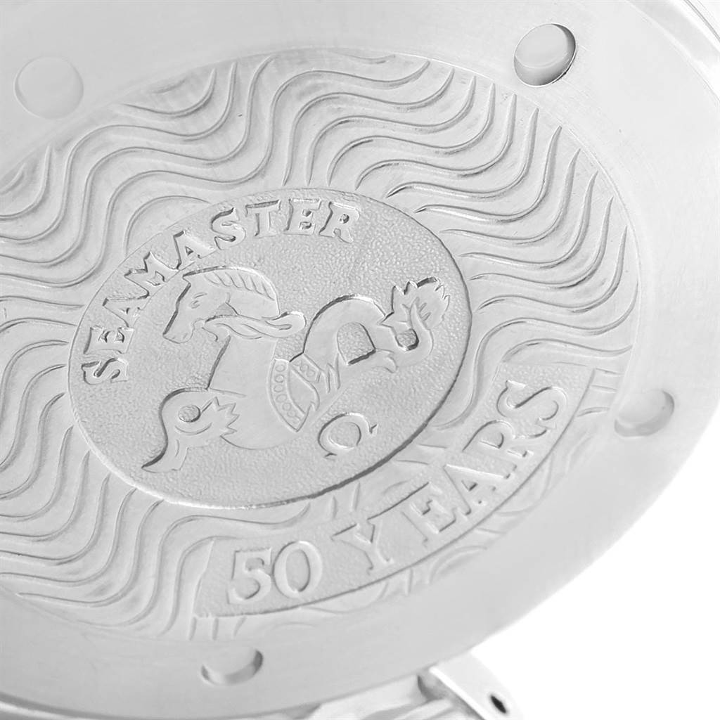 This image shows a close-up of the case back of an Omega Seamaster 2534.50.00 Men
s Stainless Steel Black Dial 2534.50.00 Men
s Stainless Steel Black Dial watch, highlighting its engraved 50th-anniversary design.