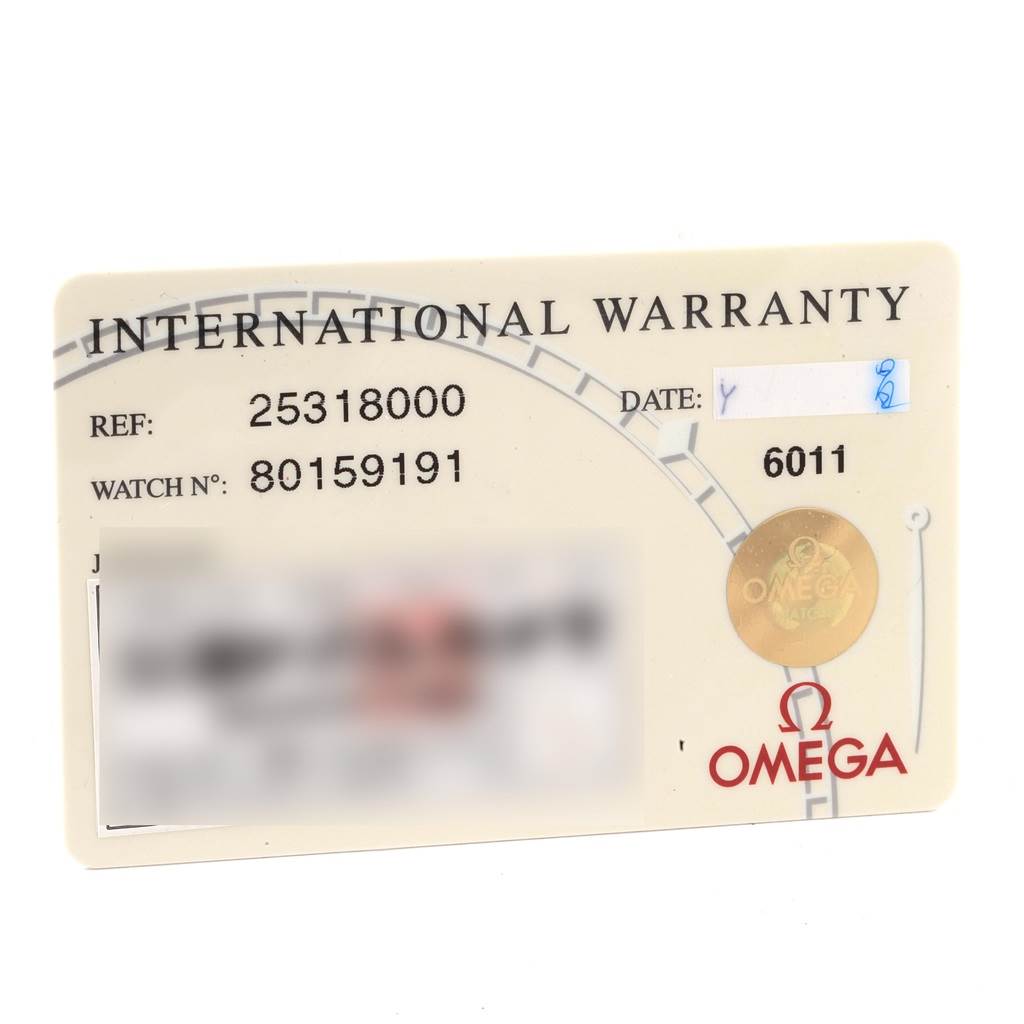 This image shows the front of an Omega Seamaster 2531.80.00 Men
s Stainless Steel Blue Dial 2531.80.00 Men
s Stainless Steel Blue Dial International Warranty card.