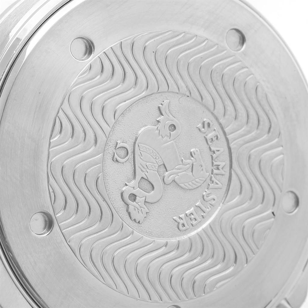 This image shows the engraved stainless steel case back of an Omega Seamaster 2531.80.00 Men
s Stainless Steel Blue Dial 2531.80.00 Men
s Stainless Steel Blue Dial watch from an overhead angle.