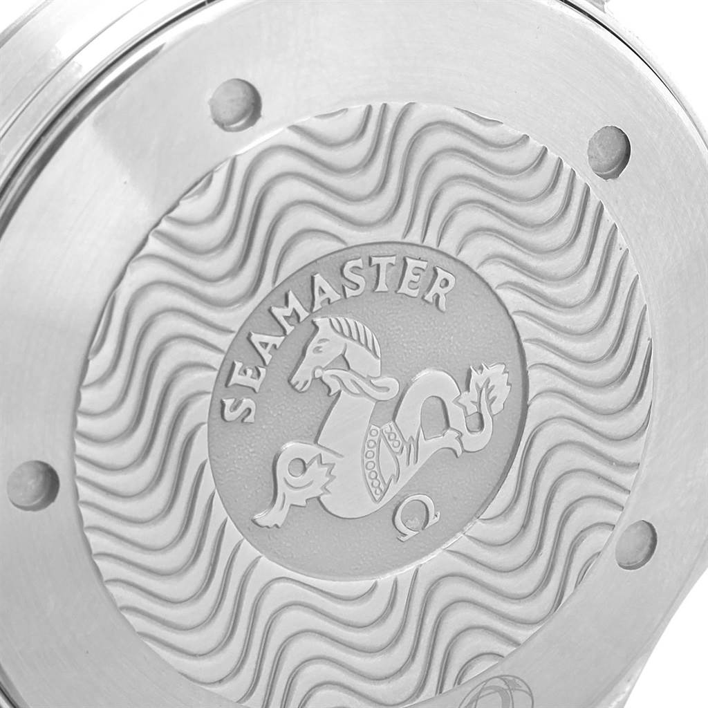 The image shows the engraved case back of an Omega Seamaster 2254.50.00 Men
s Stainless Steel Black Dial 2254.50.00 Men
s Stainless Steel Black Dial watch, featuring the Seamaster logo and wave pattern.