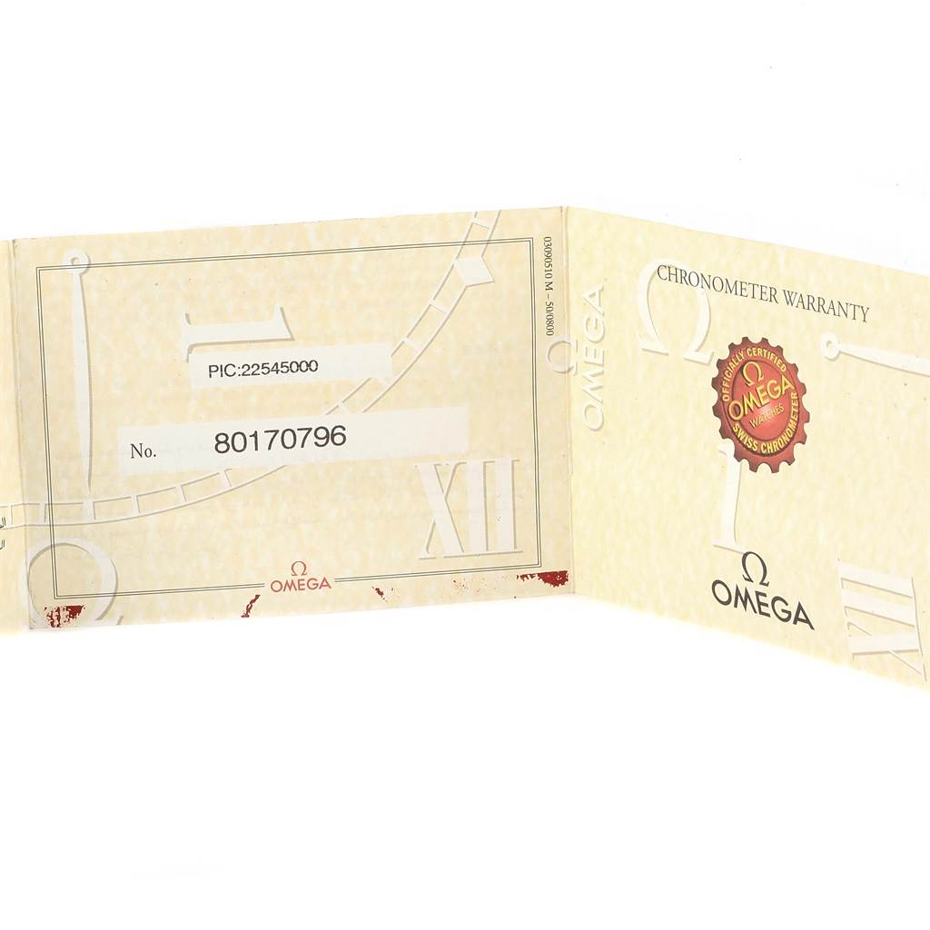 This image shows an open Omega Seamaster 2254.50.00 Men
s Stainless Steel Black Dial 2254.50.00 Men
s Stainless Steel Black Dial model
s chronometer warranty card at an angle.