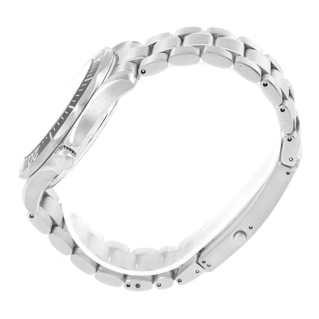 The image shows a side view of an Omega Seamaster 2254.50.00 Men
s Stainless Steel Black Dial 2254.50.00 Men
s Stainless Steel Black Dial watch focusing on its stainless steel case, bezel, and bracelet.