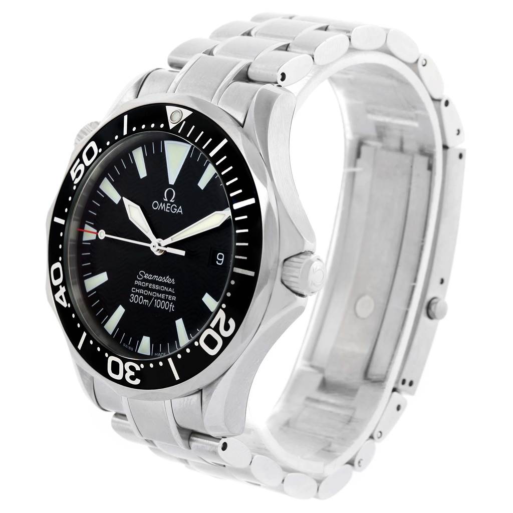 The Omega Seamaster 2254.50.00 Men
s Stainless Steel Black Dial 2254.50.00 Men
s Stainless Steel Black Dial watch is shown at an angled side view, highlighting its bracelet, bezel, and dial.
