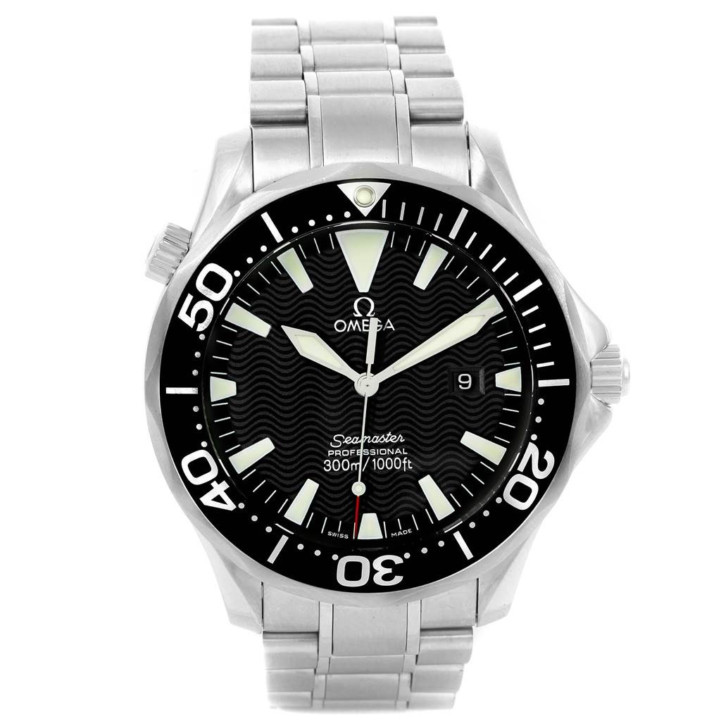 The image shows a front view of the Omega Seamaster 2264.50.00 Men
s Stainless Steel Black Dial 2264.50.00 Men
s Stainless Steel Black Dial watch, displaying the face, bezel, and bracelet.