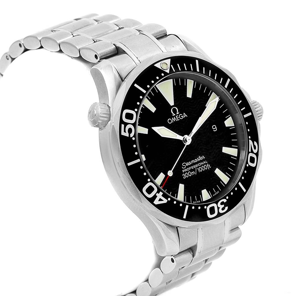 The image displays an angled front view of an Omega Seamaster 2264.50.00 Men
s Stainless Steel Black Dial 2264.50.00 Men
s Stainless Steel Black Dial watch, showcasing the dial, bezel, crown, and metal bracelet.