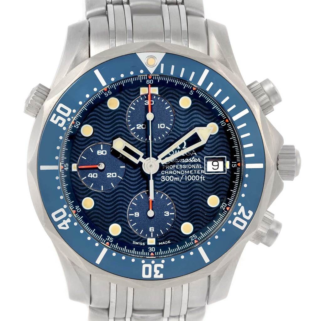 The Omega Seamaster 2298.80.00 Men
s Titanium Blue Dial 2298.80.00 Men
s Titanium Blue Dial watch is shown from the front, displaying its blue dial, chronograph subdials, date window, and stainless steel bracelet.