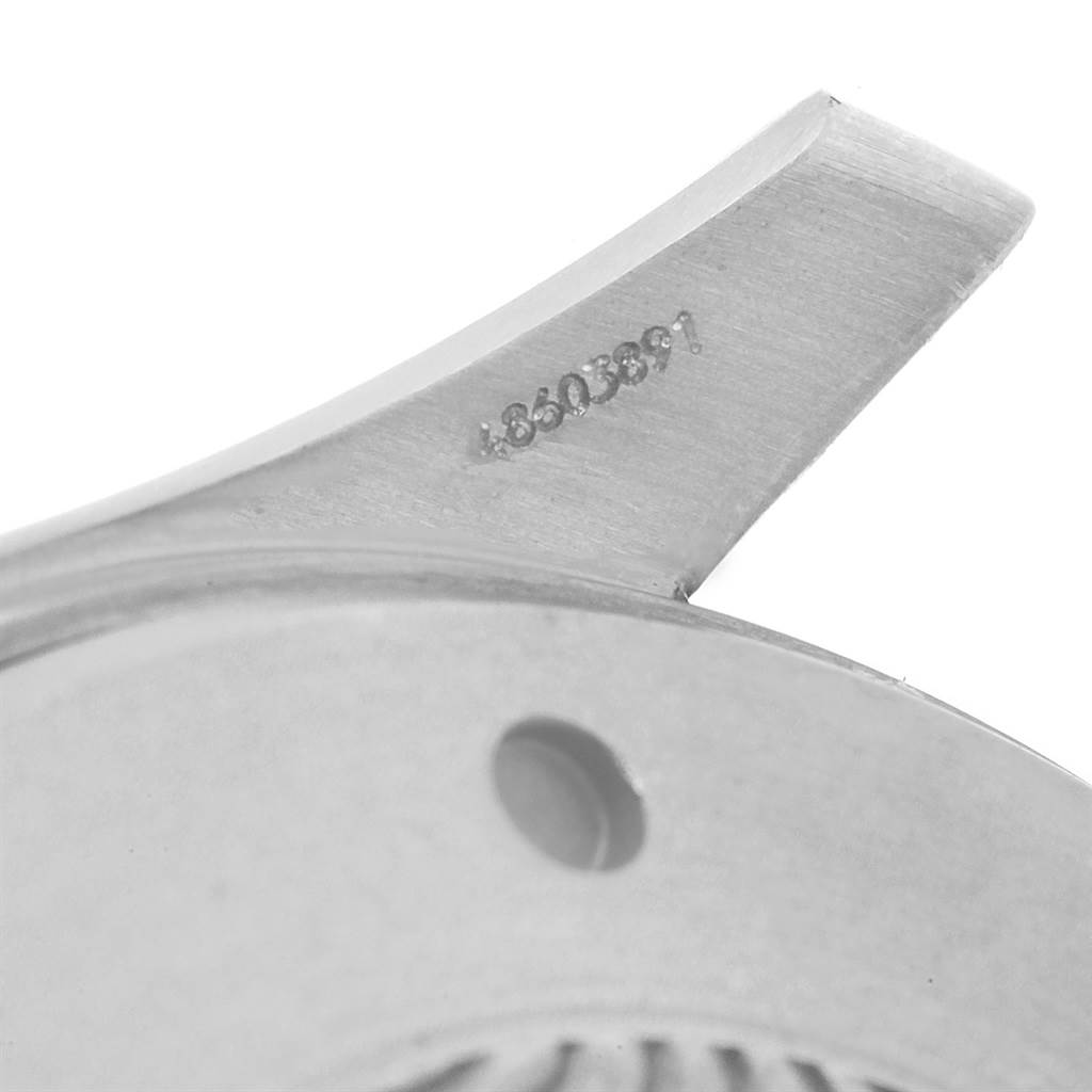 This image shows a close-up angle of a lugs and caseback of an Omega Seamaster 2298.80.00 Men
s Titanium Blue Dial 2298.80.00 Men
s Titanium Blue Dial watch, featuring detailed engraving.