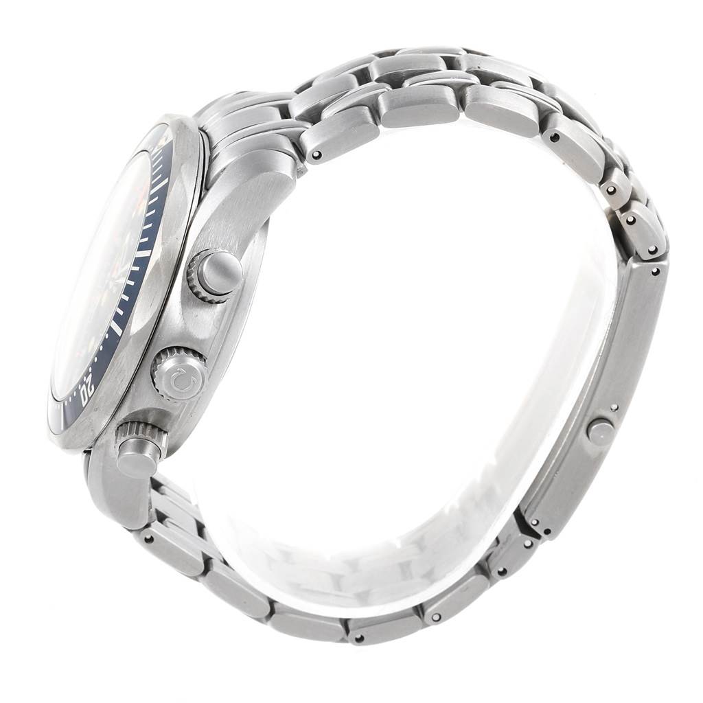 The image shows a side view of the Omega Seamaster 2298.80.00 Men
s Titanium Blue Dial 2298.80.00 Men
s Titanium Blue Dial watch, highlighting the case, crown, pushers, and metal bracelet.