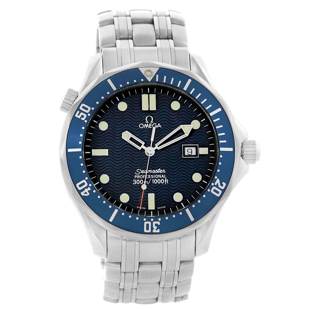 The image shows a front view of the Omega Seamaster 2541.80.00 Men
s Stainless Steel Blue Dial 2541.80.00 Men
s Stainless Steel Blue Dial watch, displaying the dial, bezel, bracelet, and date window.