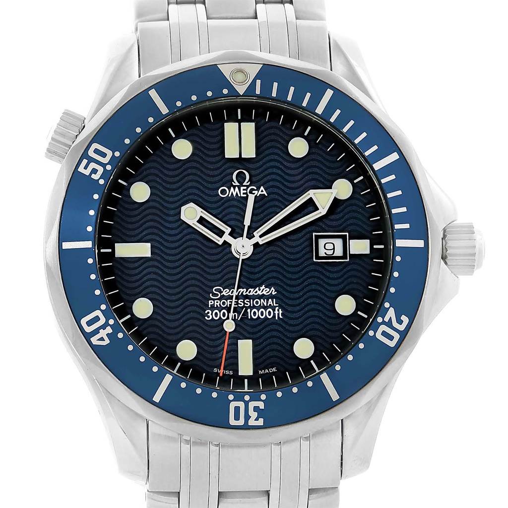 This Omega Seamaster 2541.80.00 Men
s Stainless Steel Blue Dial 2541.80.00 Men
s Stainless Steel Blue Dial watch is shown from the front, displaying the face, bezel, hands, markers, date feature, and bracelet.