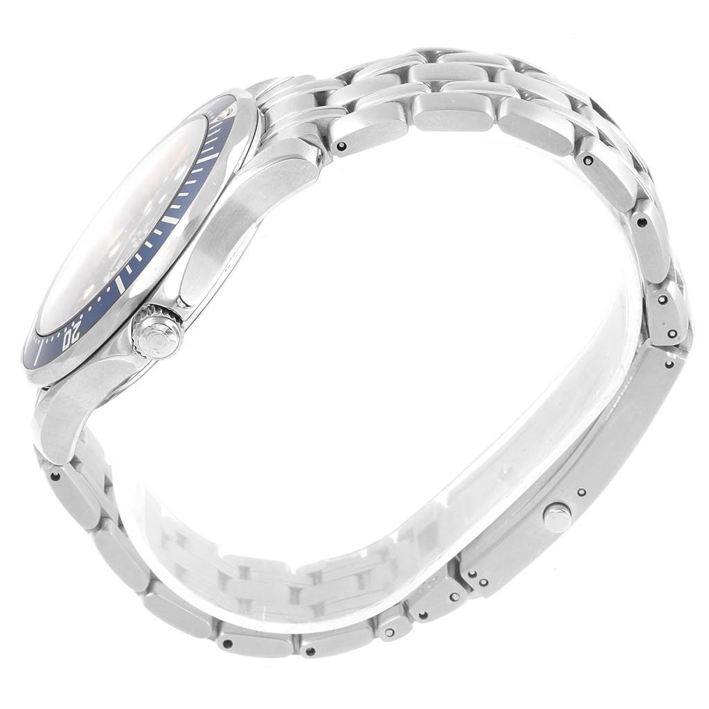 The image shows a side profile view of the Omega Seamaster 2541.80.00 Men
s Stainless Steel Blue Dial 2541.80.00 Men
s Stainless Steel Blue Dial watch focusing on the bezel, crown, and bracelet.