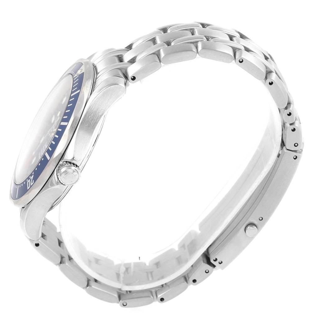 The Omega Seamaster 2531.80.00 Men
s Stainless Steel Blue Dial 2531.80.00 Men
s Stainless Steel Blue Dial watch is shown from a side angle focusing on its bracelet, case, bezel, and crown.