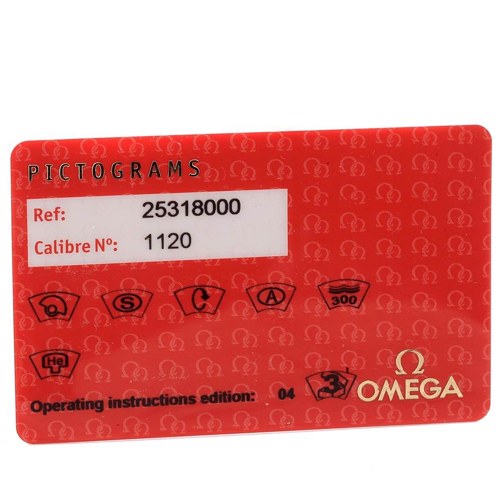 This is a close-up image of the informational card for the Omega Seamaster 2531.80.00 Men
s Stainless Steel Blue Dial 2531.80.00 Men
s Stainless Steel Blue Dial watch, showing reference and caliber numbers.