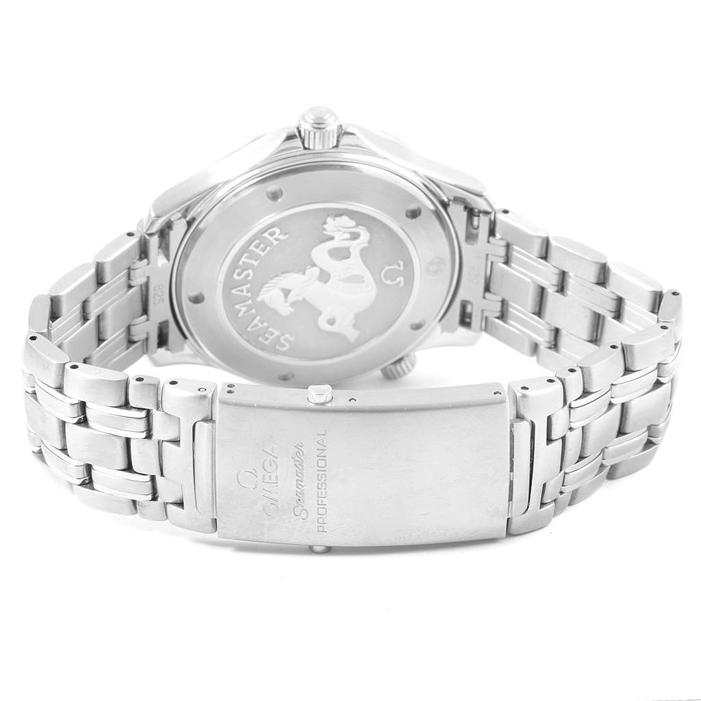 The image shows the back case and clasp of an Omega Seamaster 212.30.41.61.01.001 Men
s Stainless Steel Black Dial 212.30.41.61.01.001 Men
s Stainless Steel Black Dial watch at an angled rear view.