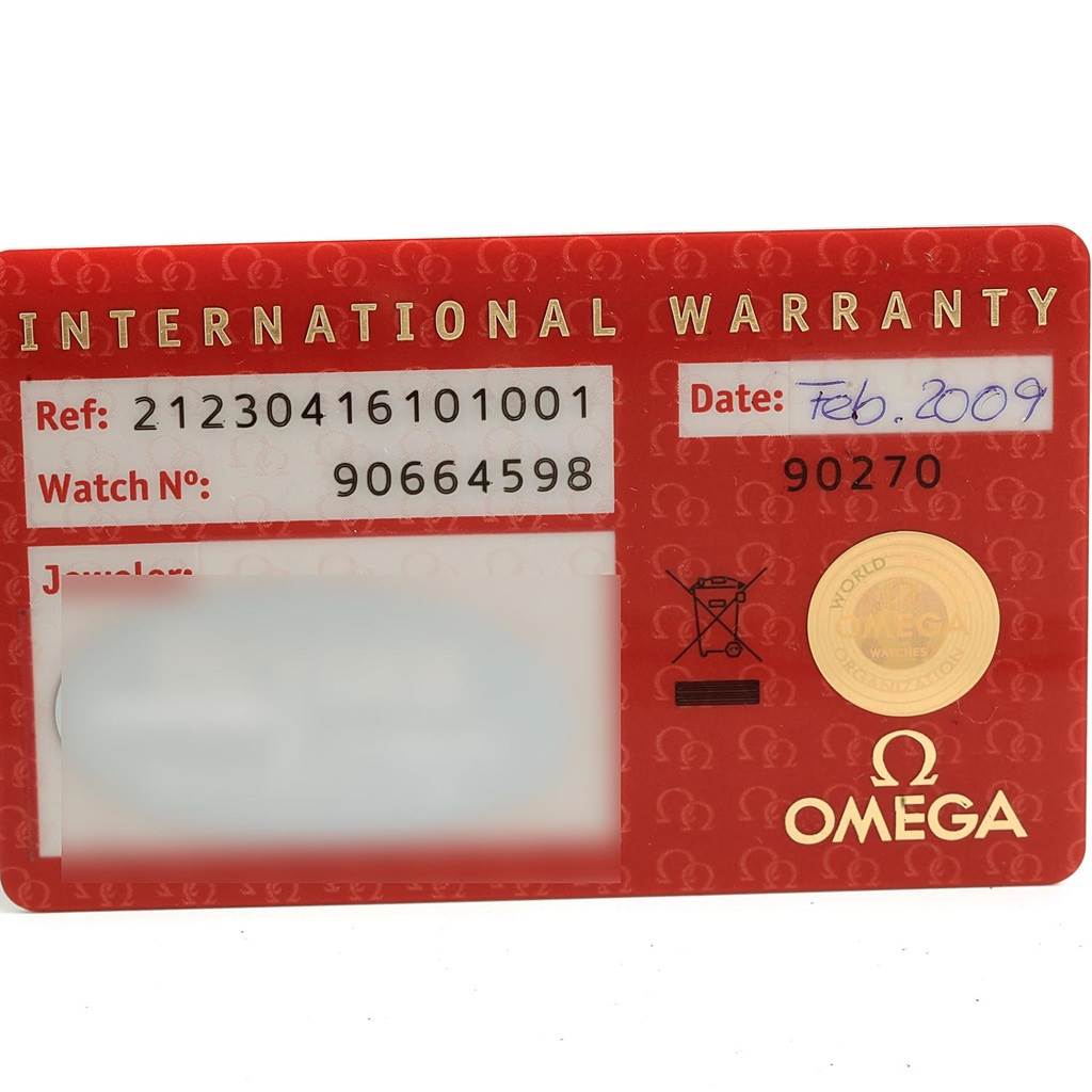 The image shows the warranty card for an Omega Seamaster 212.30.41.61.01.001 Men
s Stainless Steel Black Dial 212.30.41.61.01.001 Men
s Stainless Steel Black Dial watch, displaying reference number, watch number, and purchase date.