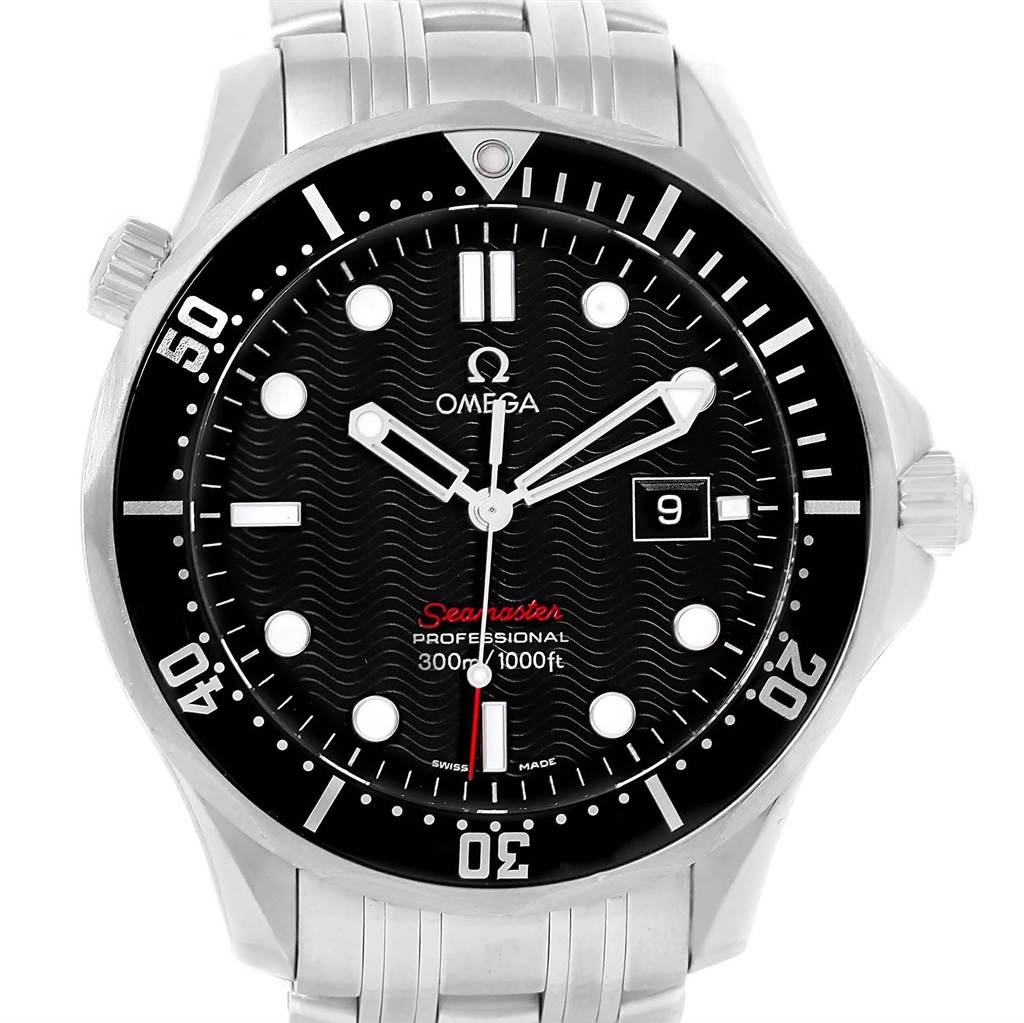 The image shows a front view of an Omega Seamaster 212.30.41.61.01.001 Men
s Stainless Steel Black Dial 212.30.41.61.01.001 Men
s Stainless Steel Black Dial watch displaying the dial, bezel, and bracelet.