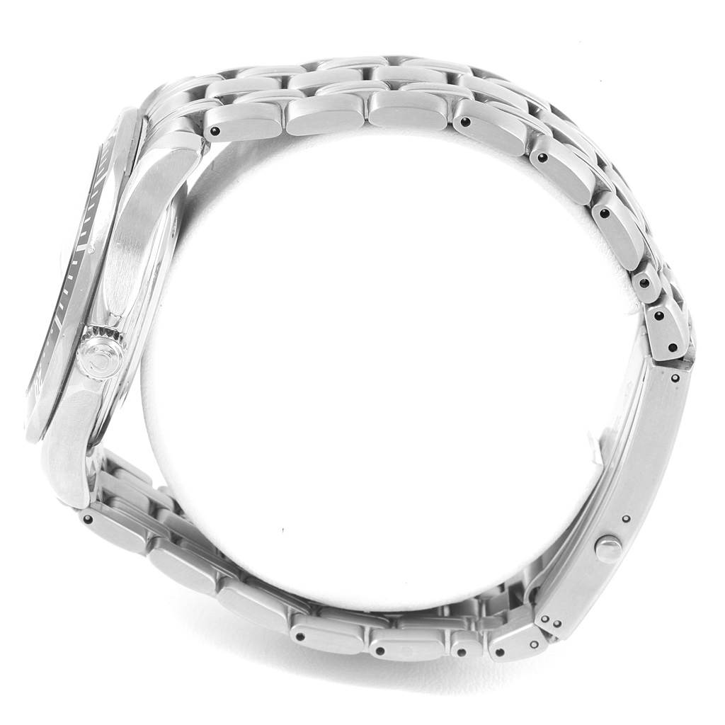 The image shows a side view of the Omega Seamaster 212.30.41.61.01.001 Men
s Stainless Steel Black Dial 212.30.41.61.01.001 Men
s Stainless Steel Black Dial
s case, crown, and bracelet.