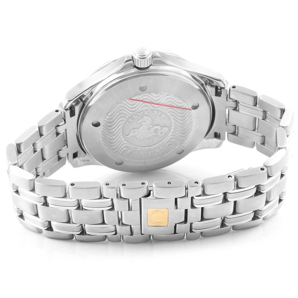 The image shows the back case and metal bracelet of an Omega Seamaster 2536.50.00 Men
s Stainless Steel Black Dial 2536.50.00 Men
s Stainless Steel Black Dial watch, viewed from the rear angle.