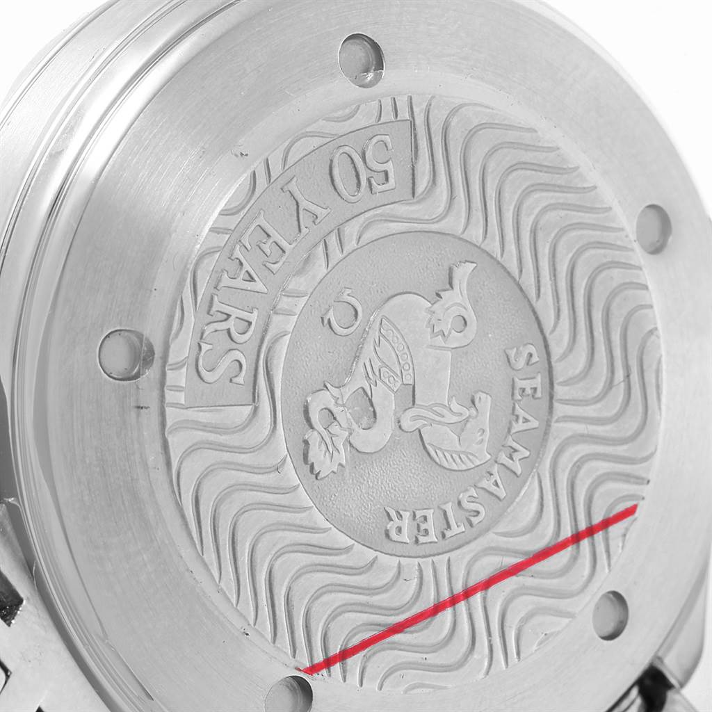 The image shows the case back of an Omega Seamaster 2536.50.00 Men
s Stainless Steel Black Dial 2536.50.00 Men
s Stainless Steel Black Dial watch viewed from a close-up angle.