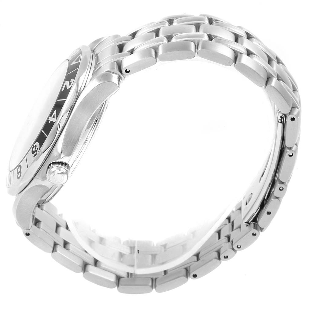 The image shows a side view of an Omega Seamaster 2536.50.00 Men
s Stainless Steel Black Dial 2536.50.00 Men
s Stainless Steel Black Dial watch, focusing on the bezel, crown, and metal bracelet.