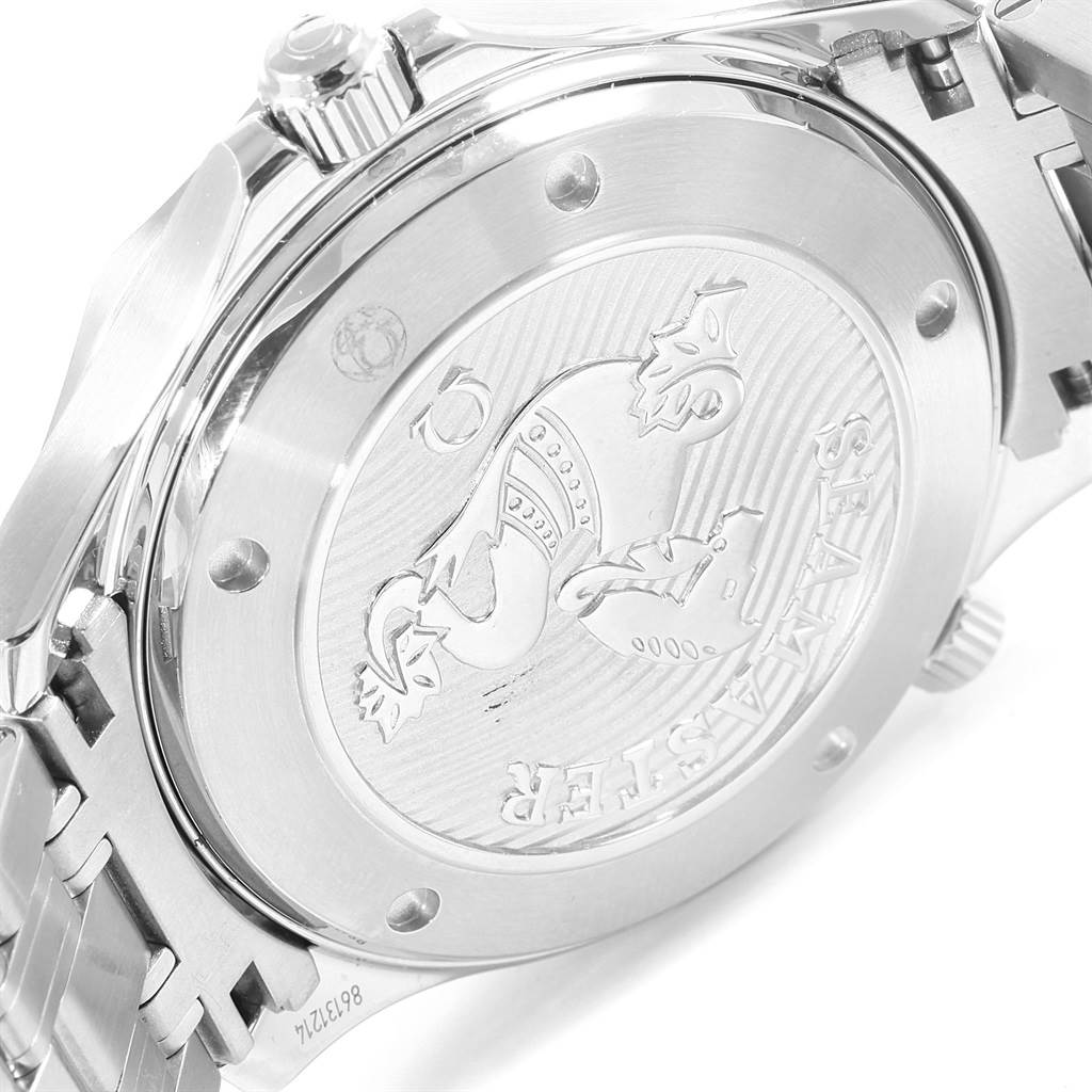 This image displays the back case, crown, and bracelet of an Omega Seamaster 212.30.41.20.03.001 Men
s Stainless Steel Blue Dial 212.30.41.20.03.001 Men
s Stainless Steel Blue Dial watch at an angled close-up.