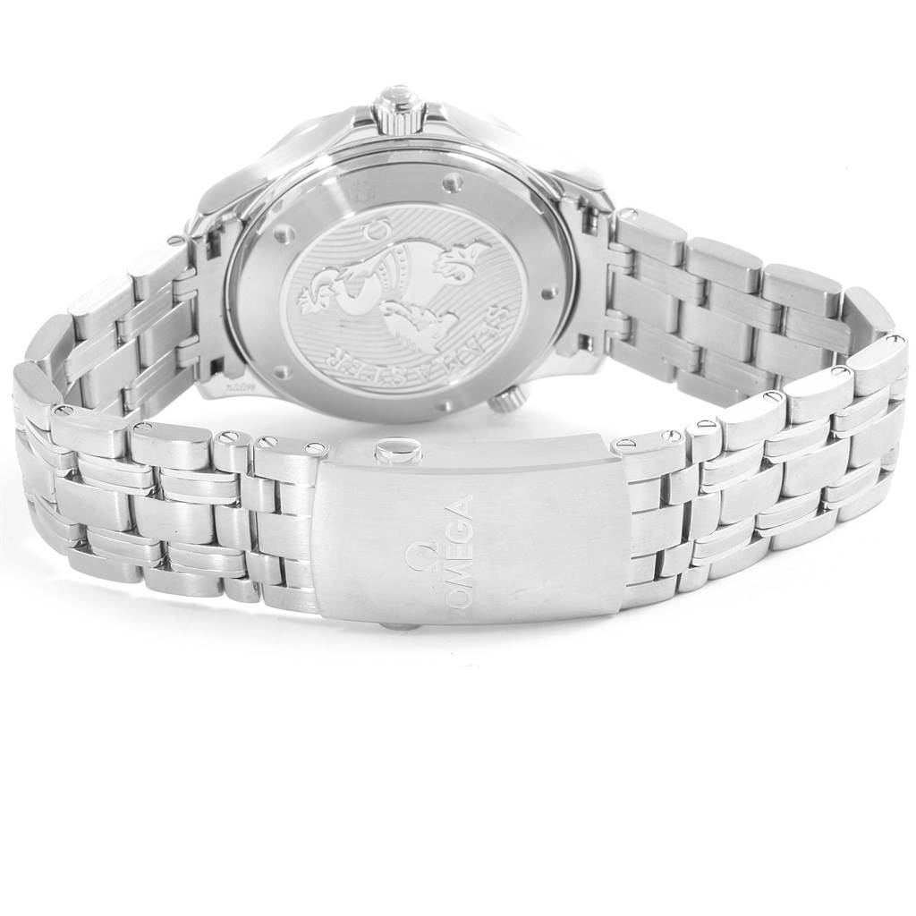 This Omega Seamaster 212.30.41.20.03.001 Men
s Stainless Steel Blue Dial 212.30.41.20.03.001 Men
s Stainless Steel Blue Dial watch is shown from the back, focusing on the case back and stainless steel bracelet with the clasp.